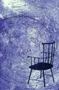 A black chair is seen in a large abstract area of purple and white ink drop areas