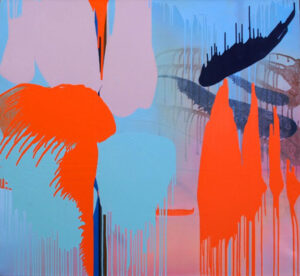 An abstract painting that uses various patterns of dripping and running paint in blue, orange, black and lavendar colors