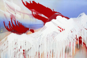 A pattern of patches of red and white paint areas that run and drip in different directions against a soft, light-blue background