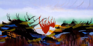 A pattern of green, dark blue and black patches of paint that are applied by letting the paint run and drip. The areas of paint against a light blue background resemble an outdoor landscape