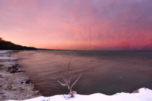 A snow-covered shore at dusk during wintertime with a slightly cloudy sky glowing with lavender and pink