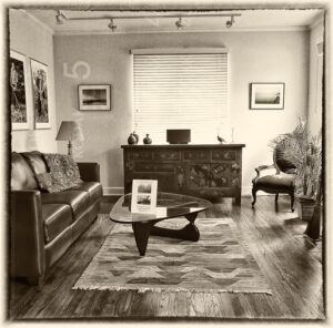 A living room interior with a mix of contemporary and restored furniture, plants and some art on the walls photographed in a sepia tone