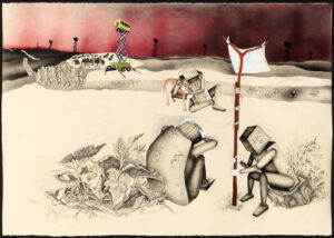 Power, Obedience, and Manipulation, charcoal, airbrush, gouache, stitching, 42″ h x 60″ w