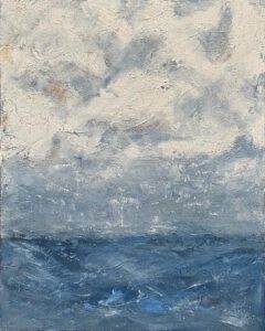 A heavily-textured painting with a blue bottom area and white and grey upper area resembling the sea. Flecks of other pigment colors are seen mixed in