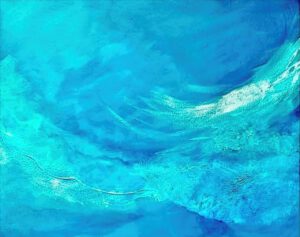 An abstract piece in light blue with different, light colored textures that evokes waves moving through a bright, seascape with shallow water over white sand