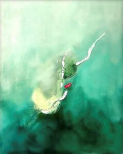 An abstract painting made mostly of green material with flecks of white, curvy lines and a single, thick brush stroke of red paint that resembles a tree branch in green surroundings