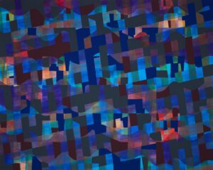 An abstract painting. Large Blue Geometric Abstraction with Wave Pattern.