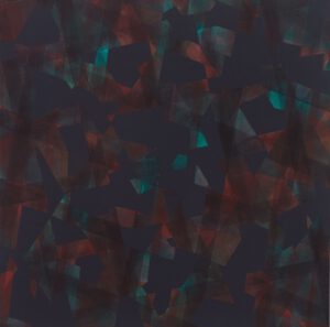 An abstract painting. Medium Geometric Abstraction in Muted Red, Green, and Gray Lattice Pattern.