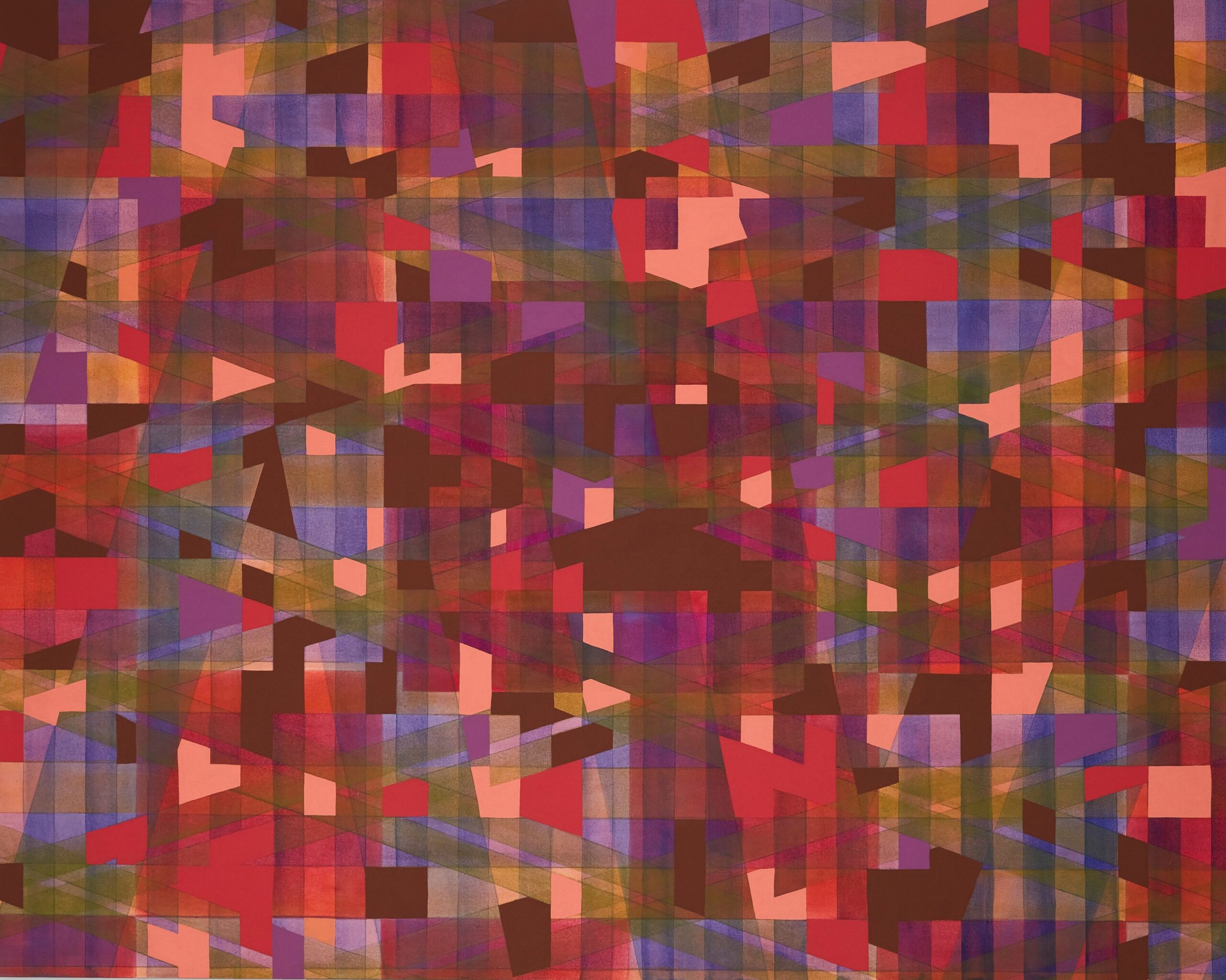 An abstract painting. Large Pink and Purple Geometric Abstraction with Grid and Diamond Patterns.