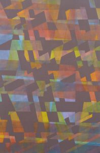 An abstract painting. Medium Geometric Abstraction Forming Criss-Cross Pattern in Light, Warm Colors.