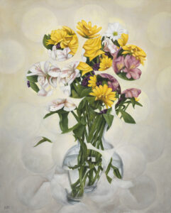 A group of flowers in a vase rendered in light green and yellow; the subject matter is fractured in a series of overlapping circles