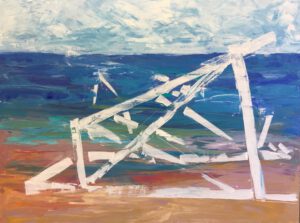 A stylistic painting of a beach on a sunny day with clouds in the sky and a white, wooden lifeguard station chair turned on its side rendered in broad brushstrokes which give a nearly abstract appearance