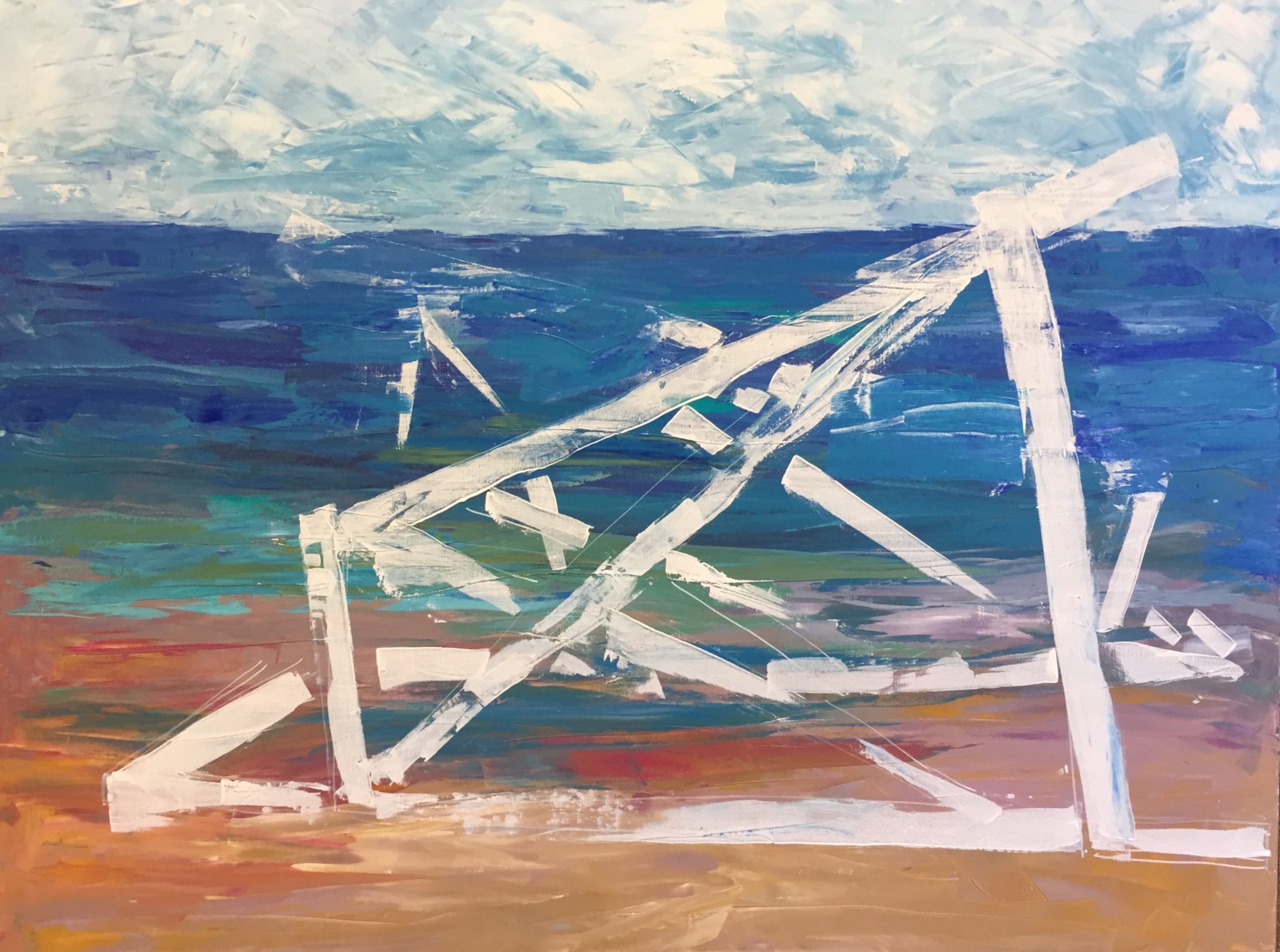 A stylistic painting of a beach on a sunny day with clouds in the sky and a white, wooden lifeguard station chair turned on its side rendered in broad brushstrokes which give a nearly abstract appearance