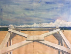 A painting depicting the scene of a sandy beach on a sunny day with some clouds in the sky. The view of the sea is through the legs of a large, white, wooden lifeguard station chair that is turned on its side.