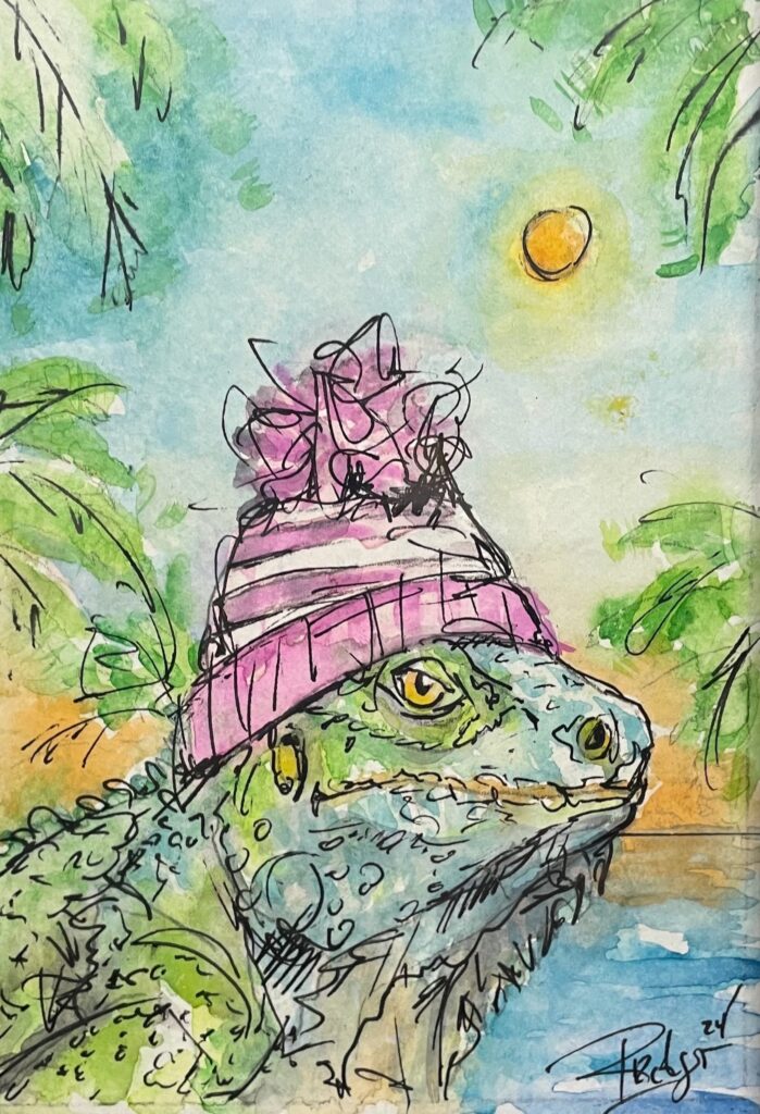 An ink and pastel watercolor painting of an iguana wearing a purple and white winter cap and set in a tropical sunset with palm trees visible in the background