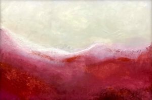 An abstract painting composed of a large light-cream colored area over a deep red area. The division between the two sections is an undulating section of white and red grit-like texture