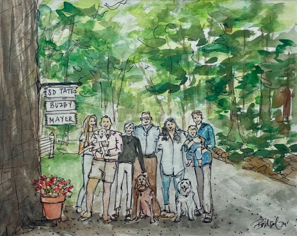 An ink and pastel watercolor painting of a family made up of 2 couples with infant children, 2 people who look like the matriarch and patriarch and a pair of retriever-type dogs are seen in a forest setting