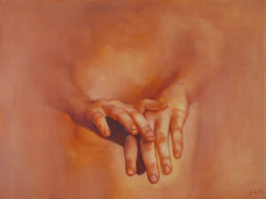 A painting of a nude female torso in red and orange tones with fingers stretched out toward the viewer in sharp focus with much of the torso shown in blurred brushstrokes