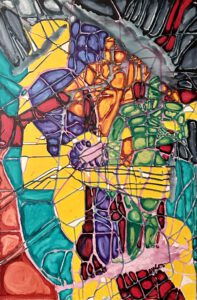 An abstract painting with green orange, yellow, purple and green paint stroke areas