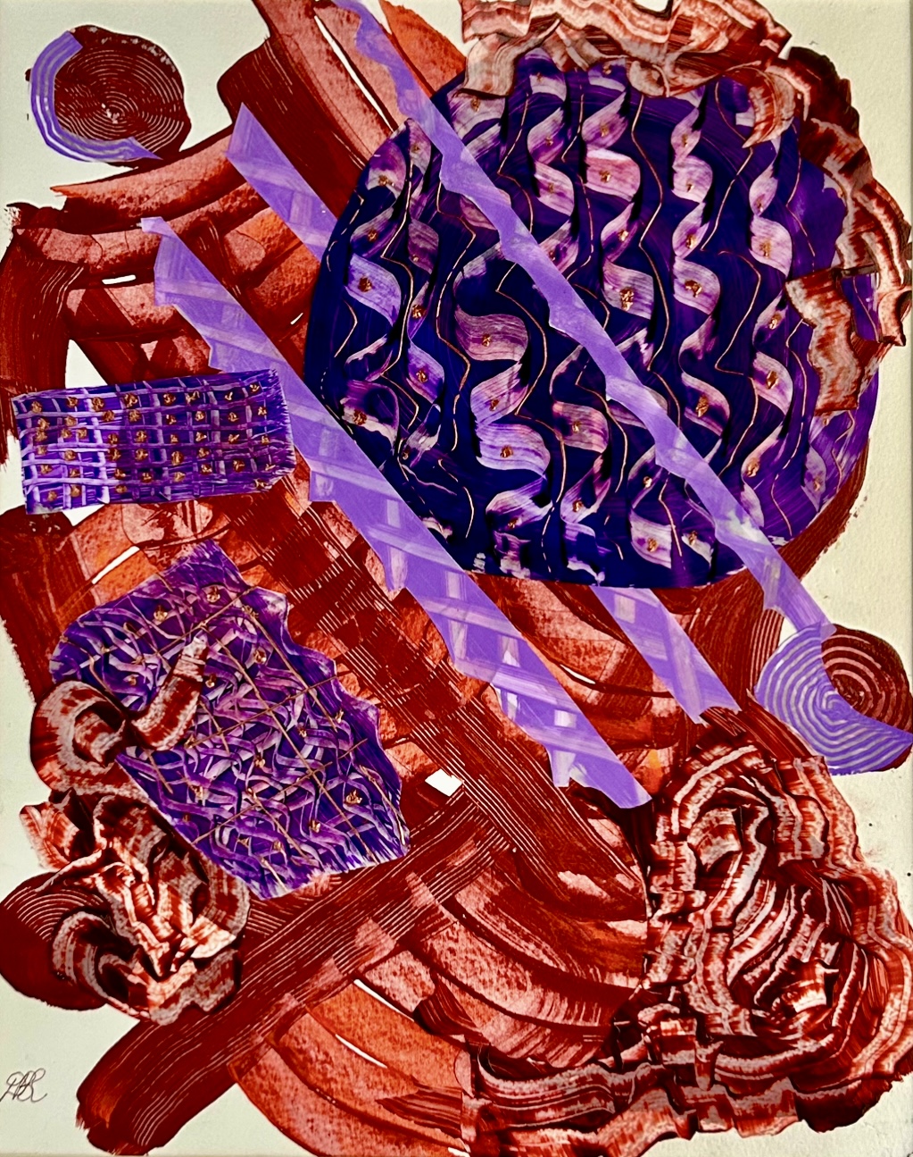 A red and purple abstract painting with very broad, thick brushstrokes with a purple circle and several trapezoidal grid shapes over red areas