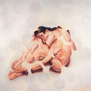 A painting of a nude female figure seated on a floor surface and reaching ahead toward her feet with knees curled up against her head. The painting is rendered in such a way that the subject has been fractured into a series of overlapping circles