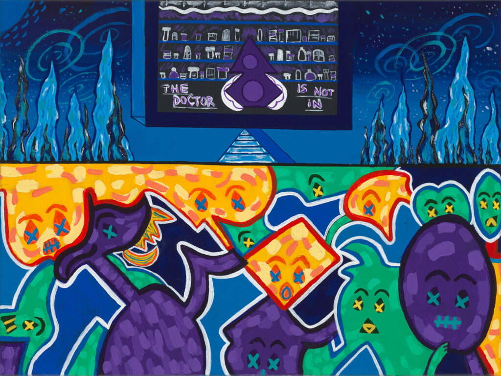 A painting presenting two separate views - one with an expressionistic mountain landscape at night with a star-filled sky and a cabinet full of medication and the phrase "the doctor is not in" in purple and blue color. Below that a group of figures with x's for eyes are looking at the viewer. They are composed of green, red and yellow brushstrokes presented in a very thick, almost abstract painting style