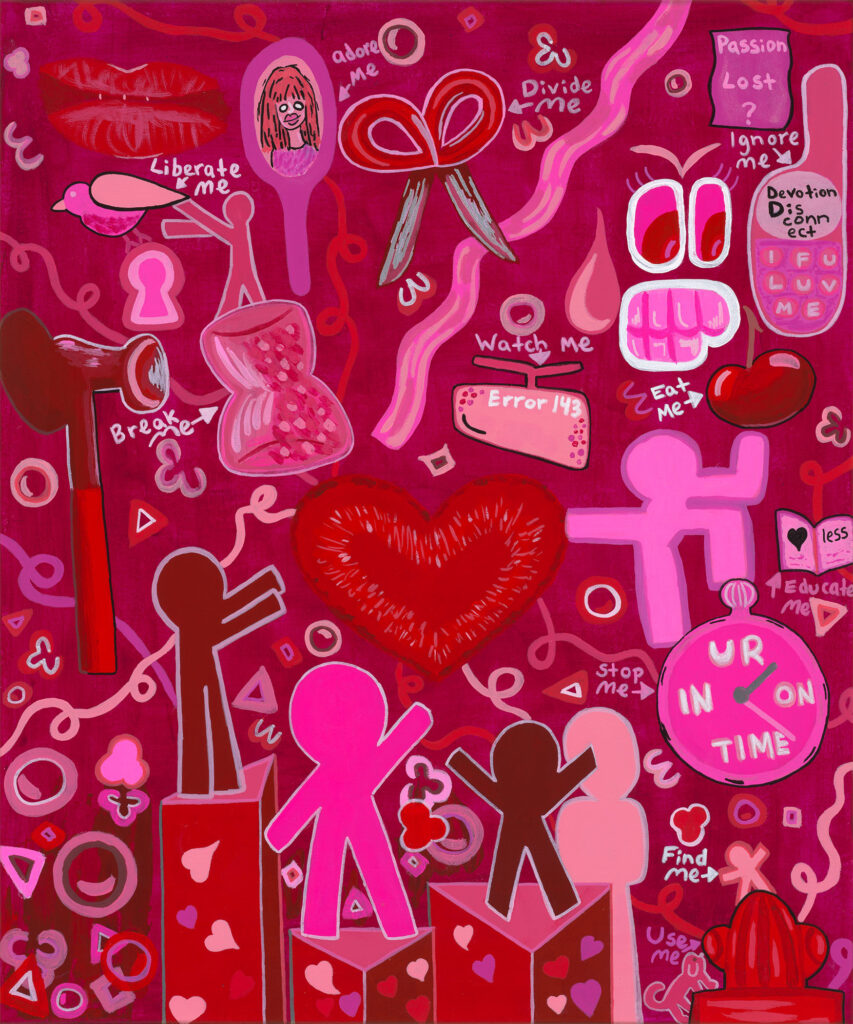 A group of very stylized imagery, including featureless human figures, arrangements of text and various objects presented in a purple, violet, white and red color scheme