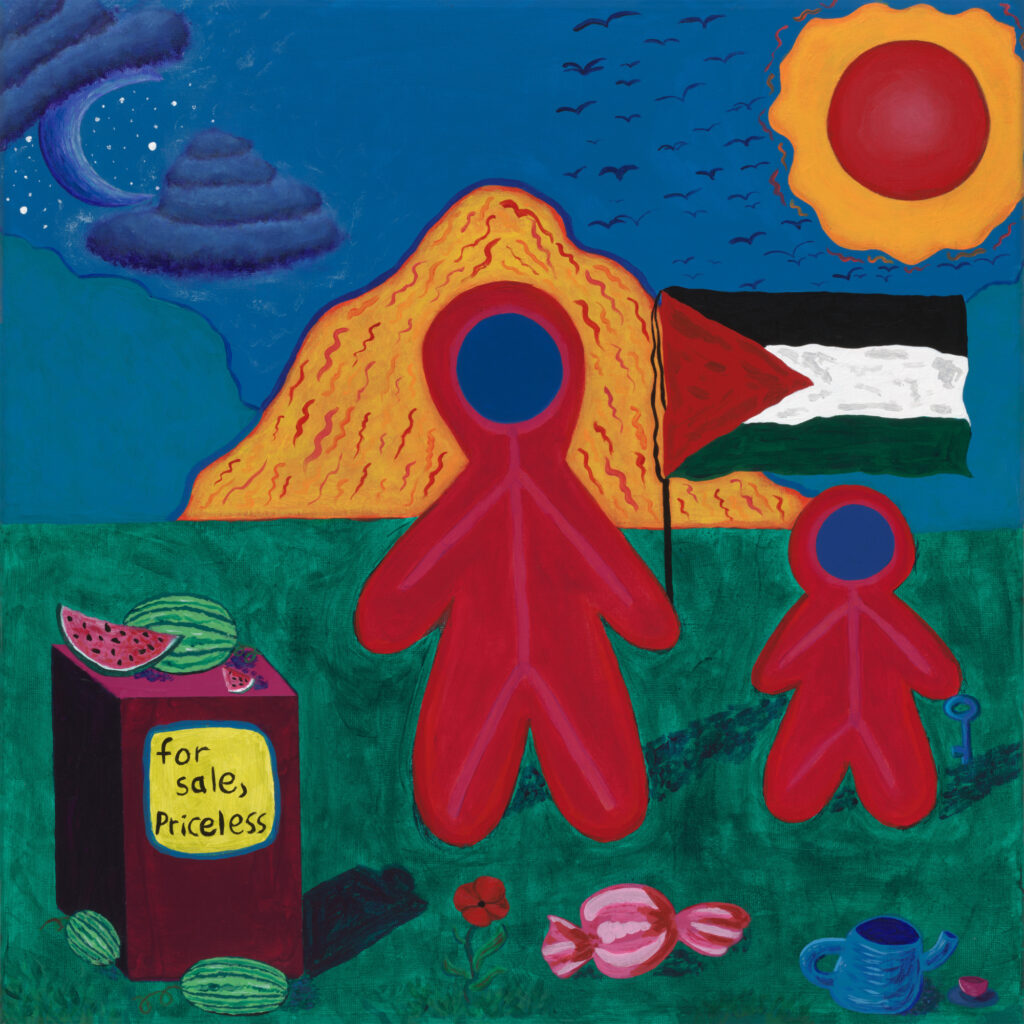 A pair of featureless red figures with blue circles in place of faces are standing in a very stylized, landscape of mountains, sky, candy and fruit