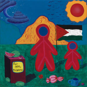 A pair of featureless red figures with blue circles in place of faces are standing in a very stylized, landscape of mountains, sky, candy and fruit