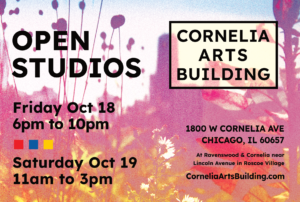 A stylized image of Chicago in autumn appears with text describing art event at the building: Open Studios October 18 from 6 to 10 pm and October 19 from 11am to 3pm