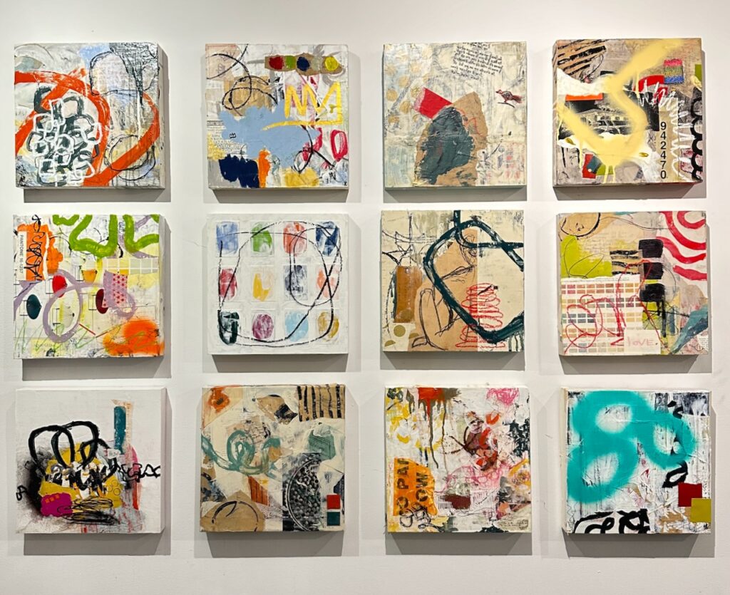 A group of 12 small canvases with pieces of printed newspaper mixed with various painting strokes, spray paint lines and red charcoal patterns