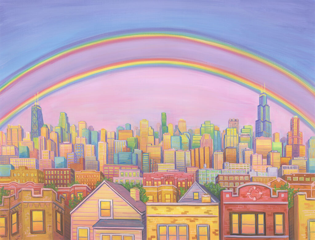 A bright, pastel-colored Chicago cityscape that compiles many different building types into one scene with a double rainbow seen overhead