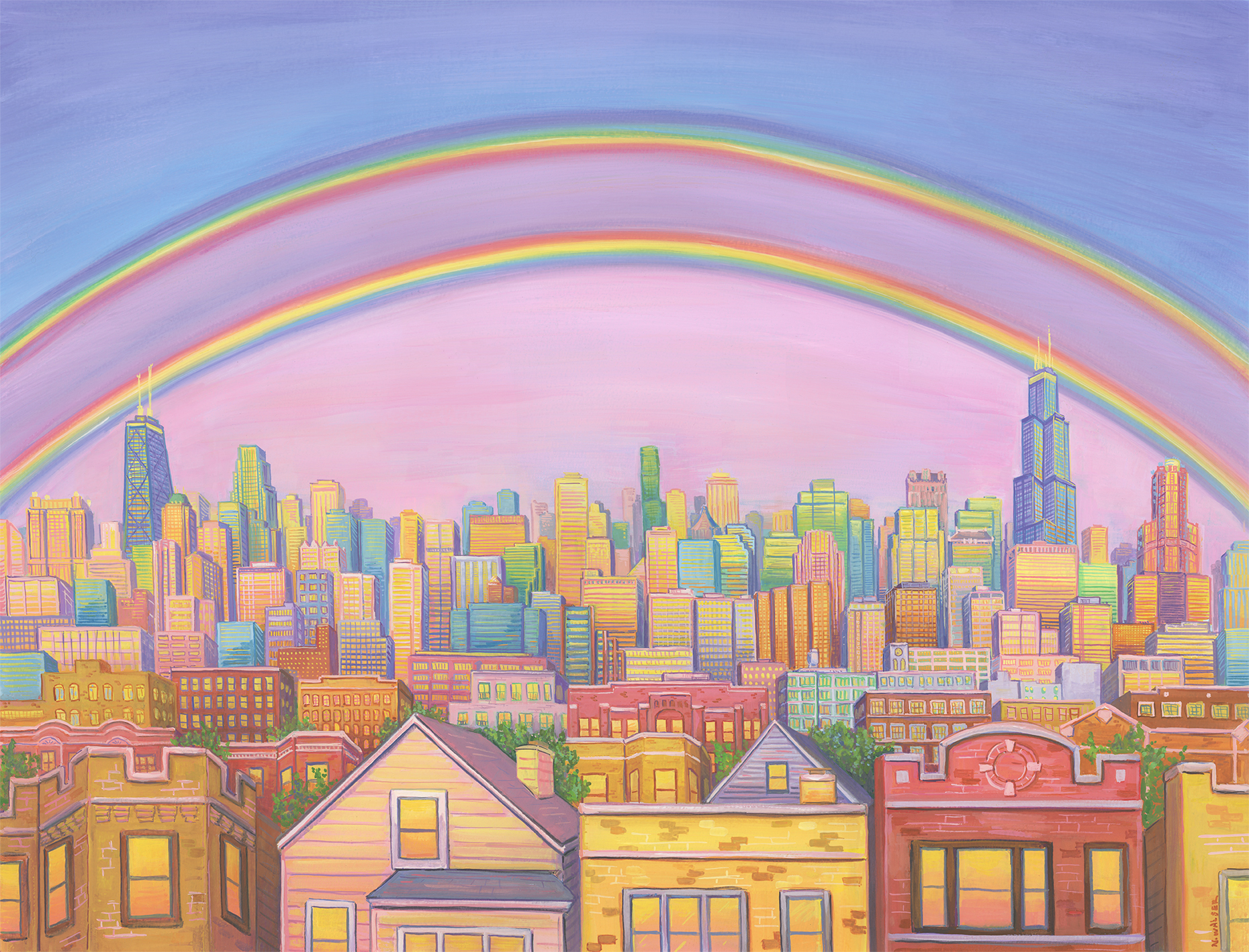 A bright, pastel-colored Chicago cityscape that compiles many different building types into one scene with a double rainbow seen overhead