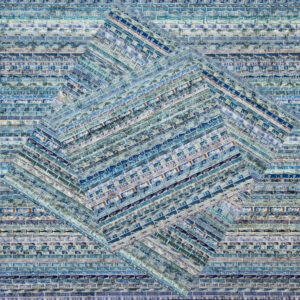 A photo of a mixed-media art piece. In it, rows of old postage stamps with predominantly blue and green color schemes are arranged in rectangles which are "stacked" on and in within one another, but at slightly different angles. The overall image, though geometric, has a quality that resembles waves in a sea.