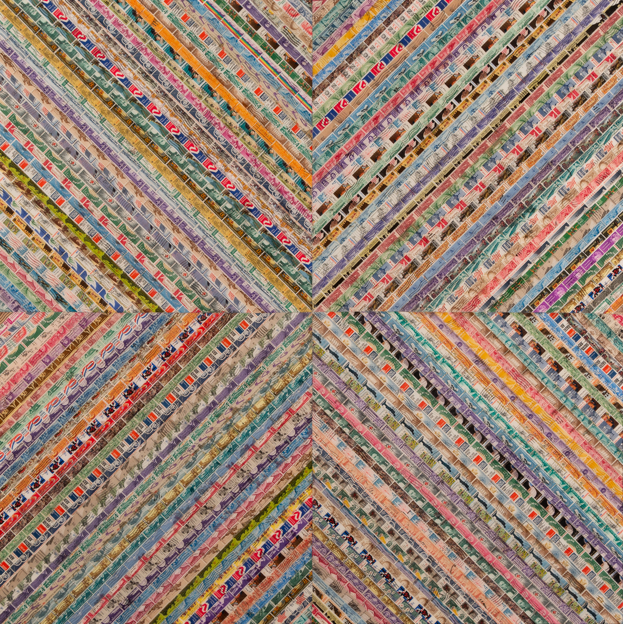 A photo of a mixed-media art piece. Rows of old postage stamps are arranged in groups of 4 squares, each turned at 45 degrees to one another so the overall shape is a giant x or otherwise a squared cross turned at 45 degrees. The colors of the rows of stamps are warm yellows, purple, darke purple, blue, light red that give the image an overall wam color effect.