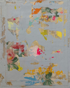 An image of colorful, stylized flowers, covered in mostly grey paint so only small sections reveal bits of the flower imagery underneath. Small patches of bright orange, yellow and red paint are painted throughout