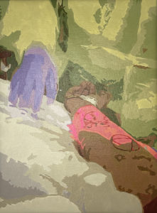 Acrylic painting of a nurse finding a vein on a patient's arm