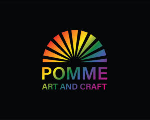 Seen against a black background, an emblem resembling an open fan is presented over the text Pomme Art and Craft in a mix of rainbow colors