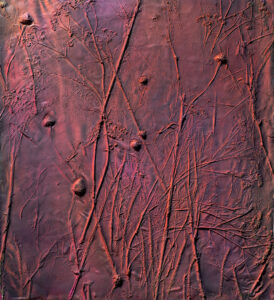 A painting of bush stems and buds layered into purple and pink paint which imbues it with an almost abstract appearance