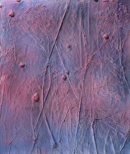 A painting in lavender and pink tones of some floral stems and buds laid out almost as if it's an abstract piece.