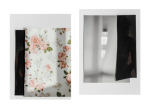 A photo montage of two main images side-by-side. The left side is decorative floral pattern that conceals the photo of a female figure in a dark space. The image on the right shows a fleeting image of a room through curtains and attached is a torn photo of another female figure in a dark space – this figure depiction is presumably the other half of the image to the left. The impression left is one of a faded, almost ghostlike image.
