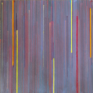 An abstract painting shows a grey-purple patterned background overlaid by vertical streaks of red, orange, blue and purple, as though they were elongated rain drops falling through the sky