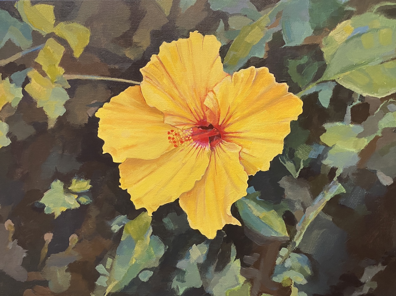 A painting of a yellow flower with a red and orange stamen among some green plant leaves