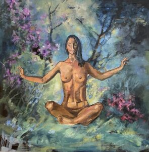 A painting of a woman with a medium-brown complexion and shoulder-length dark hair with some grey streaks draped to one side is sitting nude in a meditative position among some plants and trees with lavender and light blue flowers seen throughout.