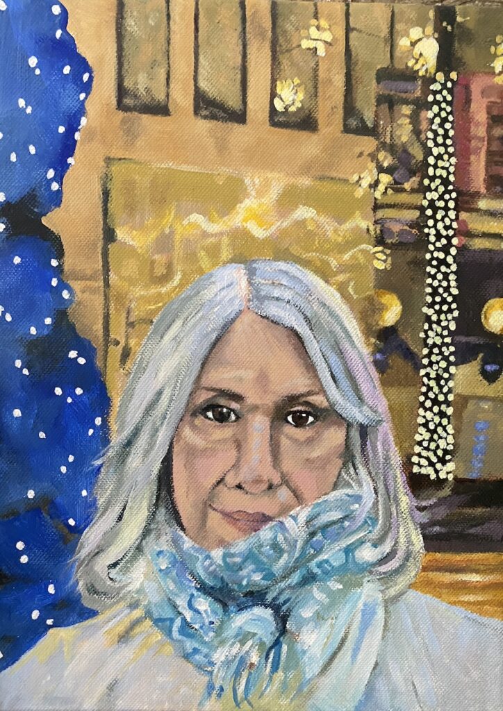 A painting of a woman with shoulder-length grey hair, light-medium complexion and wearing a thick blue & white scarf wrapped around her neck and the lower part of her face sitting in a room with warm lighting