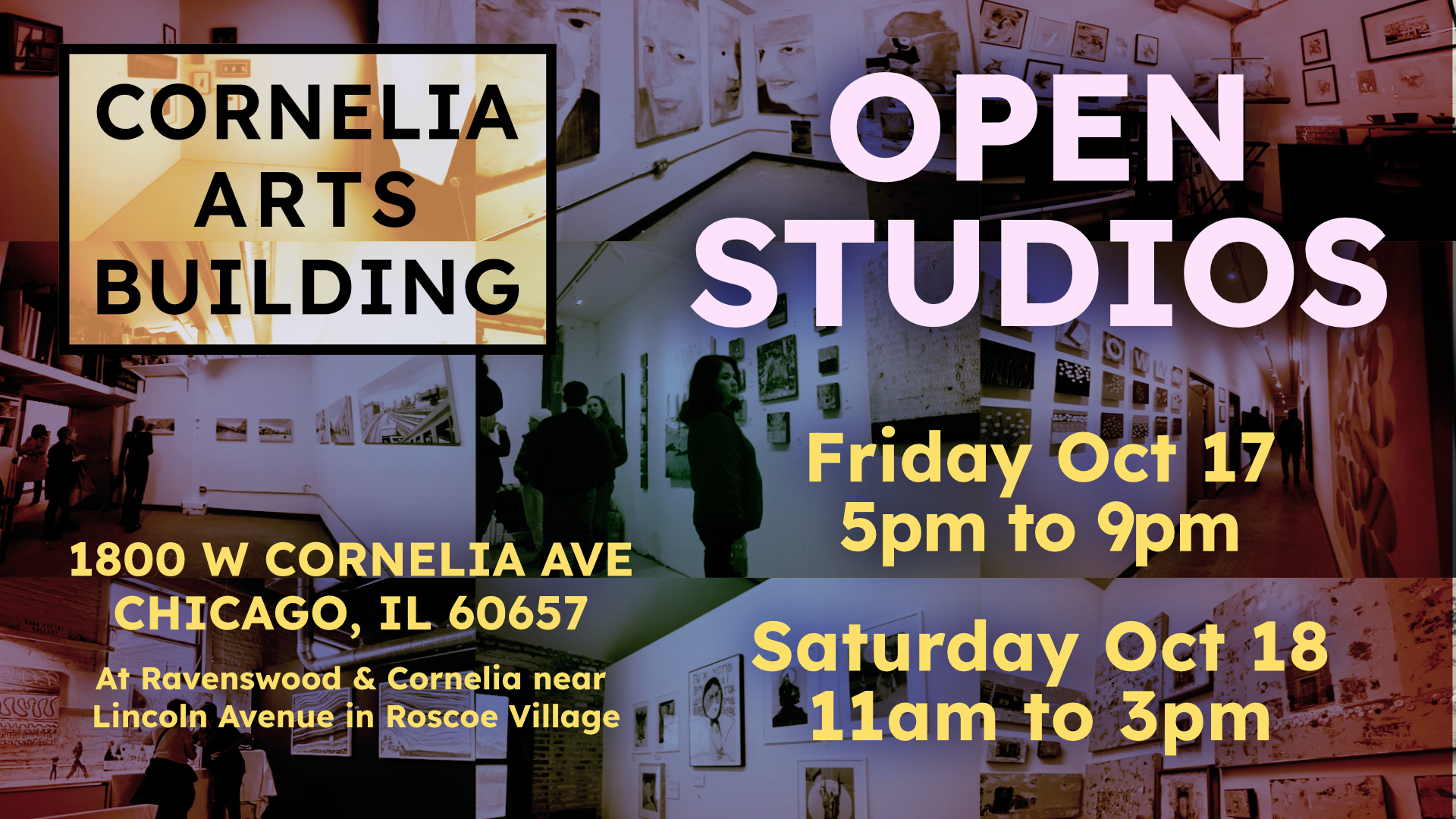 A graphic with images in deep, muted purple tones with the building logo in bright yellow and black text and information in bright yellow