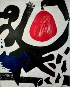 A painting by with a heavy texture containing stylized shapes, mainly in black and white or a human figure and other objects. A red area of paint and a blue area of paint sit over some of the content