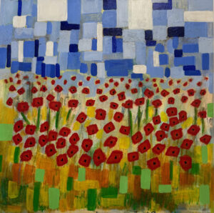 A very stylized painting of a field of red and yellow flowers with a deep blue sky rendered in square shapes above