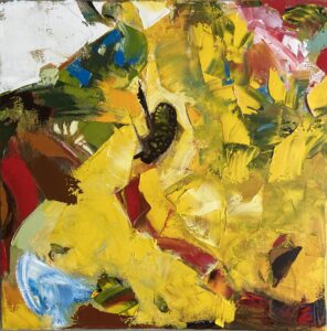 A mostly yellow, very stylized painting of flowers