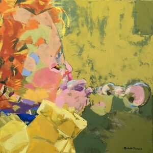 An impressionistic painting of a small child's head rendered in colorful pastels